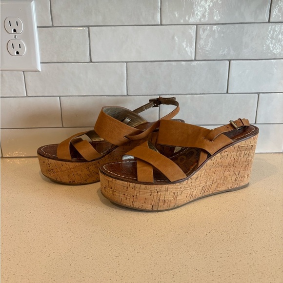 Sam Edelman Size 9.5 Destiny Brown Leather Platform Cork Wedge Sandals Tan - Picture 2 of 6